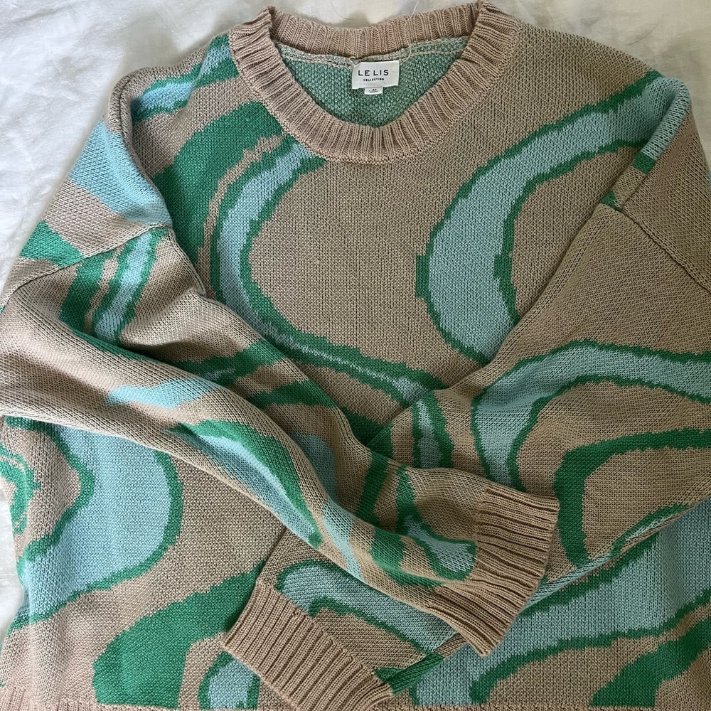 Le Lis Beige Sweater with Green and Light Blue Knit Detail